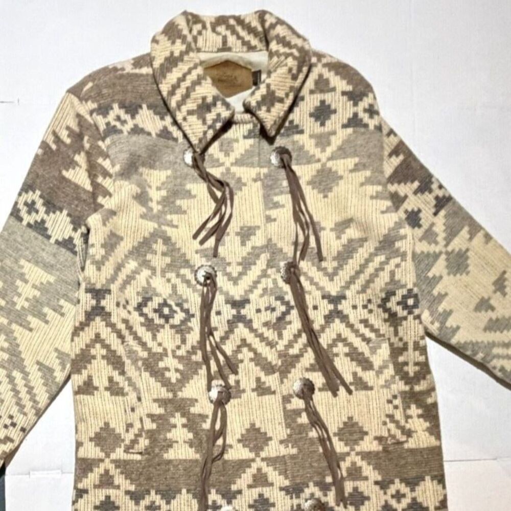 Woolrich, VTG 90s Western Print Fringe Wool Duster Jacker, L Cowboy Americana - Picture 11 of 11